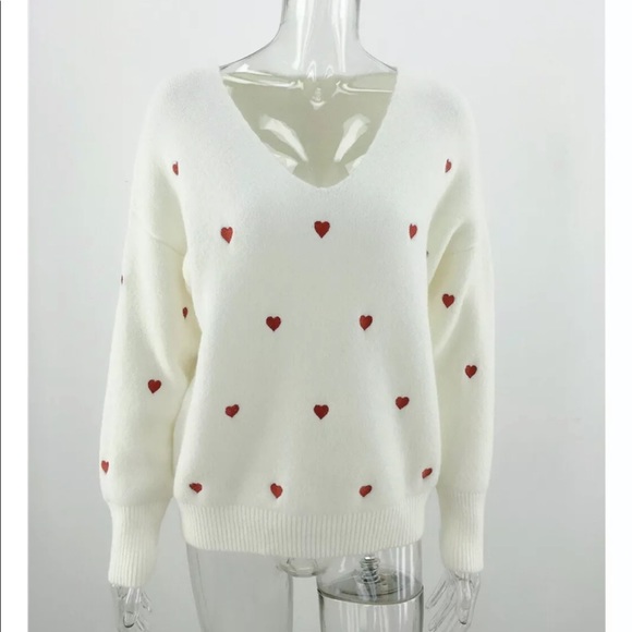 Heart sweater embroidery top womens white long sleeve vneck winter - Picture 3 of 6